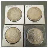 4 U.S. Morgan silver dollars: 1884, 1889, 1890 &