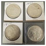 4 U.S. Morgan silver dollars: 1879, 1884-O, 1889 &