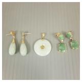 Two pair 14k gold & jade earrings & 1 pendant-