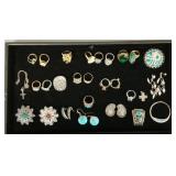 Gp silver & costume jewelry incl ring, earrings,