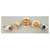 5 sterling silver fashion rings s/w stones-