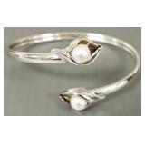 Sterling silver & pearl Calla lily bypass bracelet