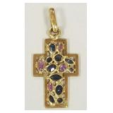 18k Italy gold cross pendant s/w semi-precious
