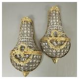 2 French style brass & prism lighted wall scones -