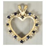 10k gold heart pendant s/w blue sapphires &