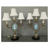 Pr blue & white Jasperware lighted candelabra w/