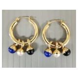 14k gold hoop earrings with lapis, onyx & pearl