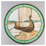 Stained & leaded glass round window- Viking ship
