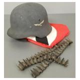 Gp 3rd Reich items: helmet w/ liner, flag, etc