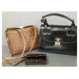 3 leather purses, etc incl ostrich, reptile, etc