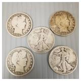 5 U.S. silver half dollars: 3 Barber 1900, 1908 &