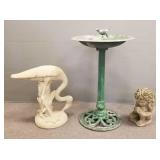 3 garden items: metal bird bath 30'H, cement cupid