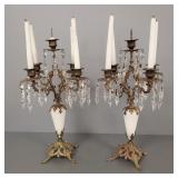 Pr antique alabaster & brass 5 light candelabra w/