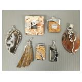 7 artisan silver exotic stone pendants & pin,