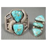 2 pcs Navajo style silver & turquoise jewelry: