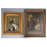 2 vintage framed artworks: portrait of woman oil