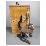 E. Leitz brass & iron microscope w/ wooden box-