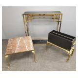 3 brass furniture pieces: marble & glass console