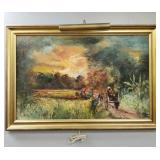 Signed oil on canvas ox cart in field dated 1974-