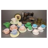 Antique toy sewing machine and glass doll dishes