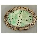 Vintage carved jade & filigree silver brooch-