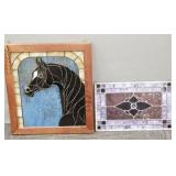 2 antique style stained glass windows: horse &