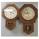 2 oak school house clocks: New Haven & Seth Thomas