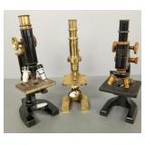 3 antique brass & iron microscopes- 12"H tallest