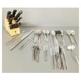 Dansk stainless mod flatware w/ Henckels knives,