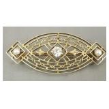 Antique 14K gold & diamond filigree brooch w/