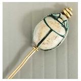 14k gold stick pin w/ pottery scarab- 4.1g total,