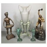 5 metal statues incl bronze, one w/ marble base,