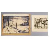 2 artworks: Roi Partridge pencil etching (margin