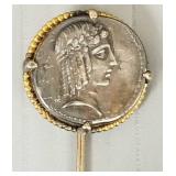 10k gold stick pin s/w Roman style coin-