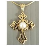 14k gold cross pendant s/w pearl on chain-