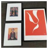 3 framed prints incl Matisse poster & 2