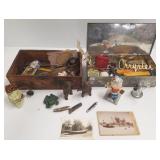 Metal box & wood box with small collectibles,