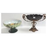 Bronze & porcelain compote & a hand painted
