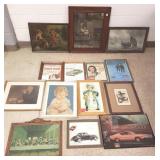 14 vintage framed prints, lithos, ads, etc