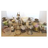 Group antique oil lamps, shades, parts, etc