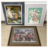 3 framed signed lithos, etc