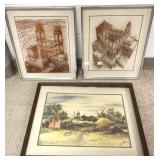 Framed Adolf Dehn print & 2 prints on glass