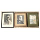 3 small framed lithos, etc