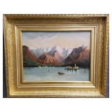 Framed antique oil on canvas- mountain lake 12"x 1