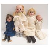 4 antique German bisque head dolls (some as seen)