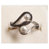 10k ring set with black diamonds & pearls