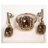 Sterling & 14k ring & earrings set with smoky