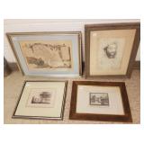 4 framed items- hand colored map, etc.