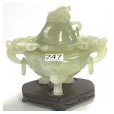 6 1/2" carved jade Oriental censer on wood base