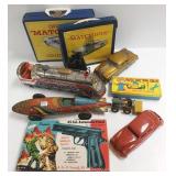 Group vintage tin, etc toys, pistol model with